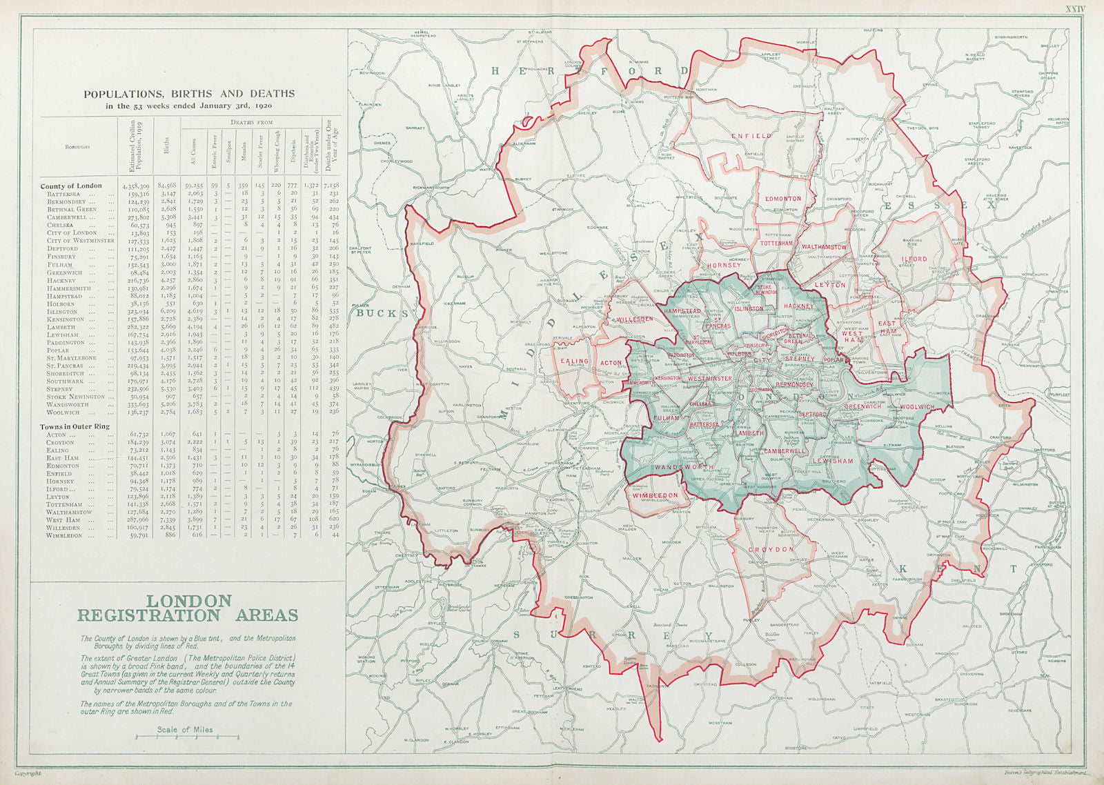 LONDON POPULATION, BIRTHS & DEATHS for 1926. County of London. BACON 1920 map